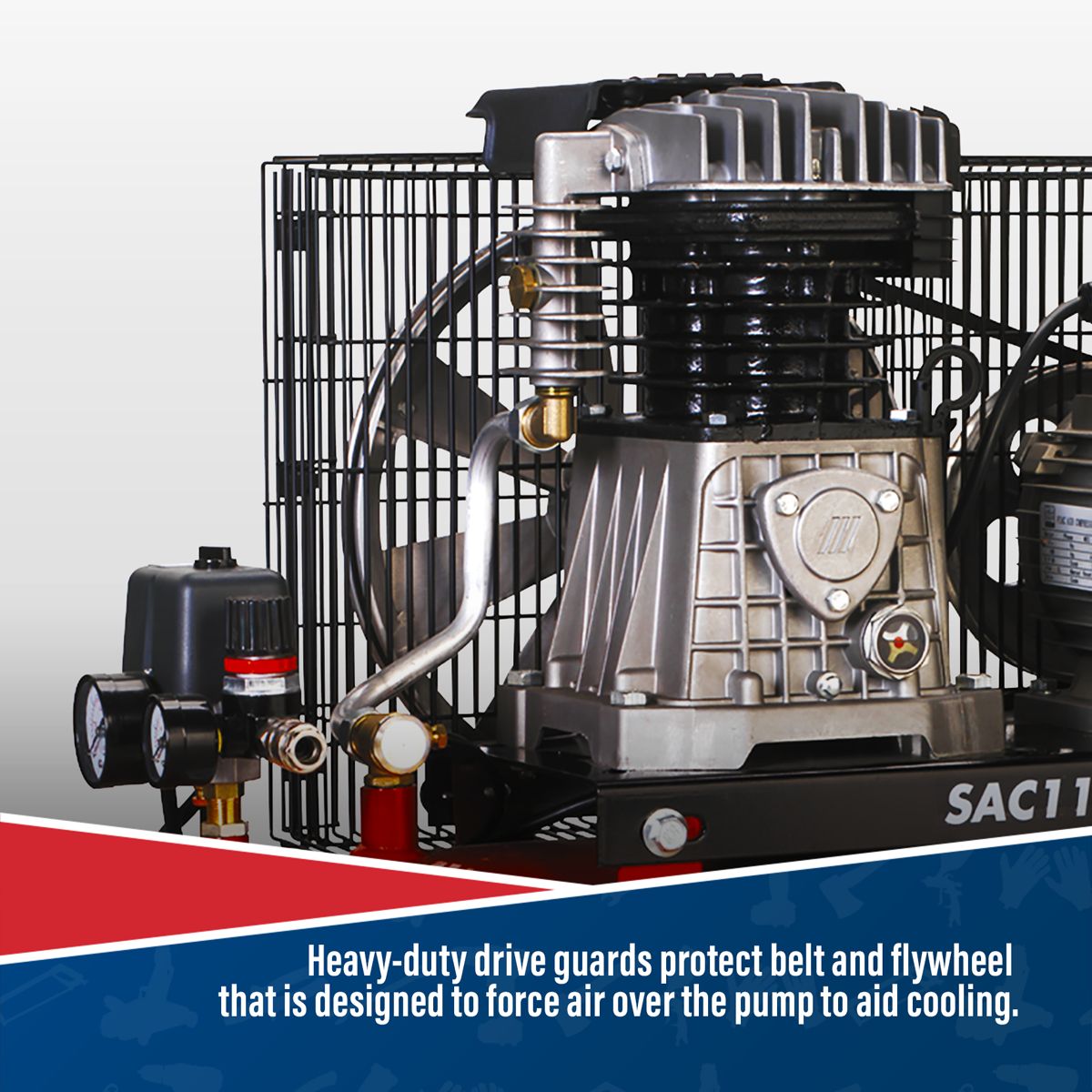 Sealey 100L Belt Drive Air Compressor with Cast Cylinders & Wheels 3hp - Image 5
