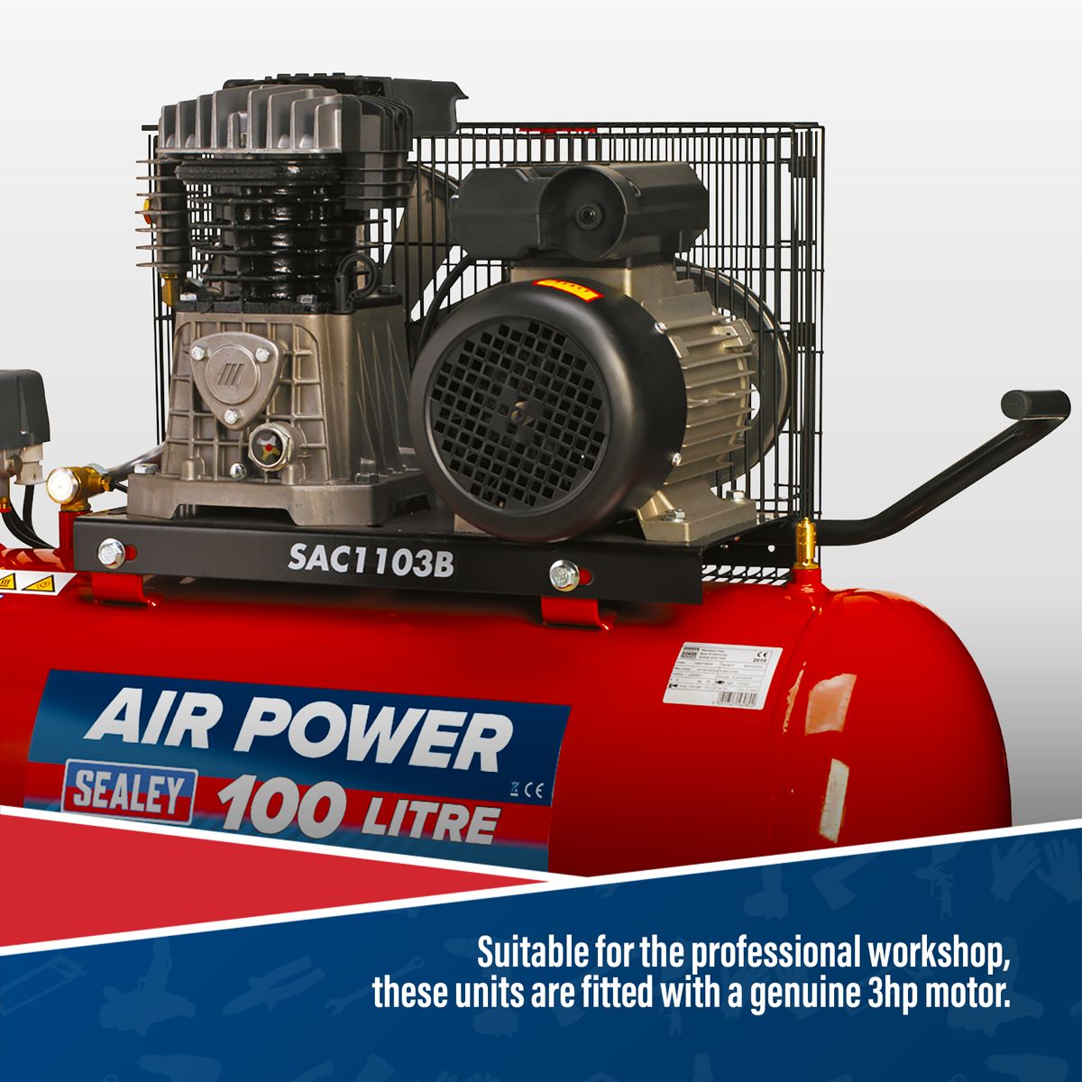 Sealey 100L Belt Drive Air Compressor with Cast Cylinders & Wheels 3hp - Image 6
