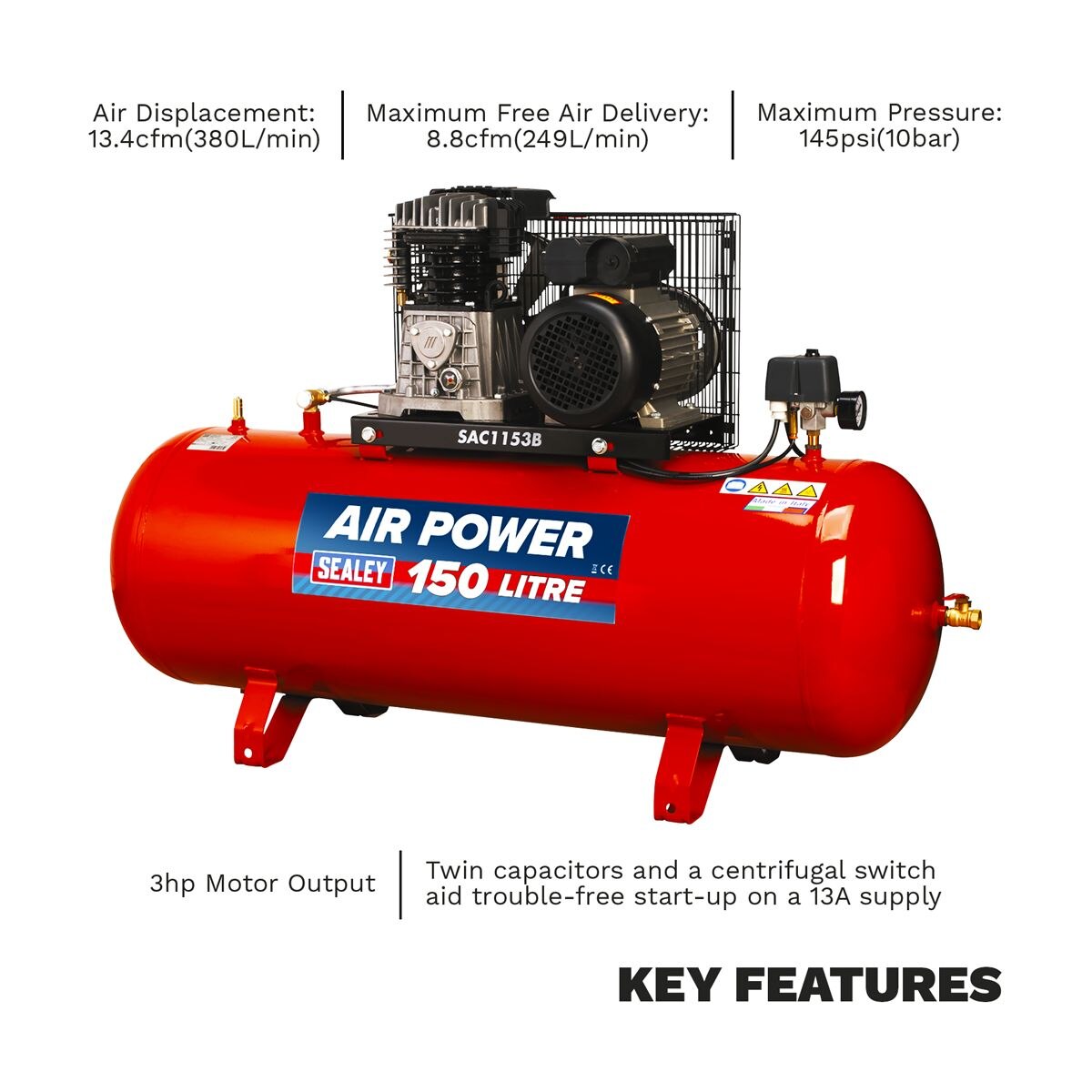 Sealey 150L Belt Drive Air Compressor with Cast Cylinders 3hp - Image 5