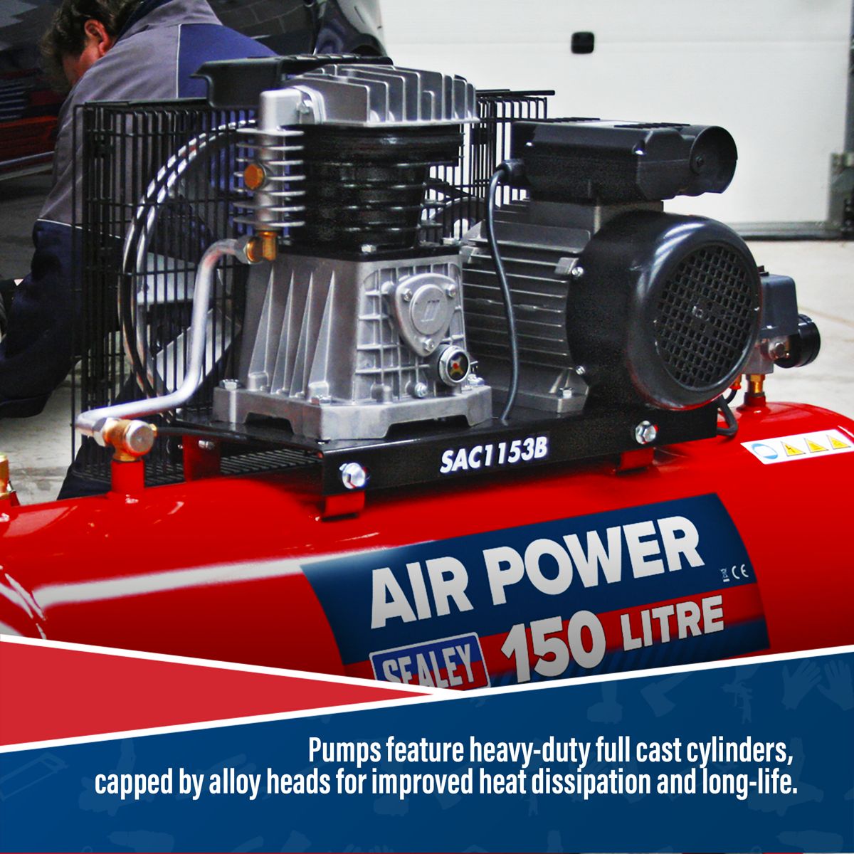 Sealey 150L Belt Drive Air Compressor with Cast Cylinders 3hp - Image 6