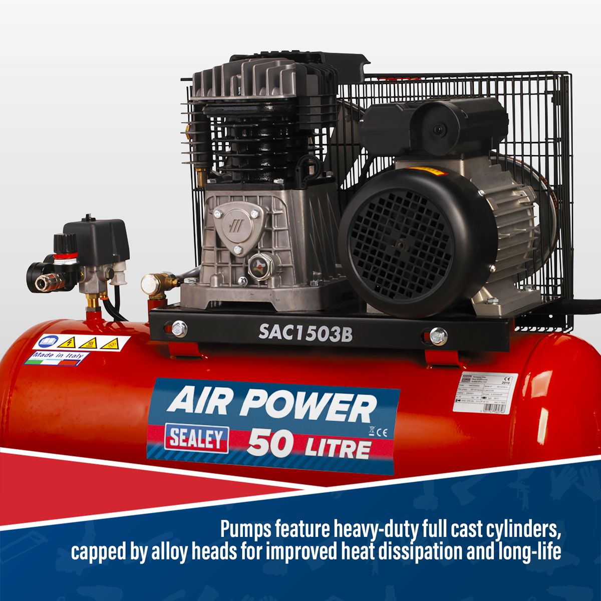 Sealey 50L Belt Drive Air Compressor with Cast Cylinders & Wheels 3hp - Image 5