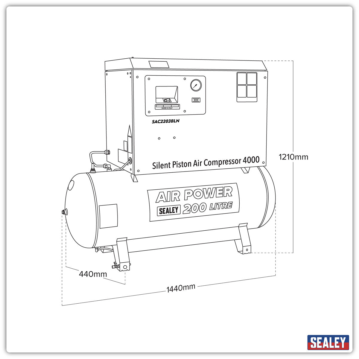 Sealey 200L Low Noise Belt Drive Air Compressor with Cast Cylinders 3hp SAC2203BLN
