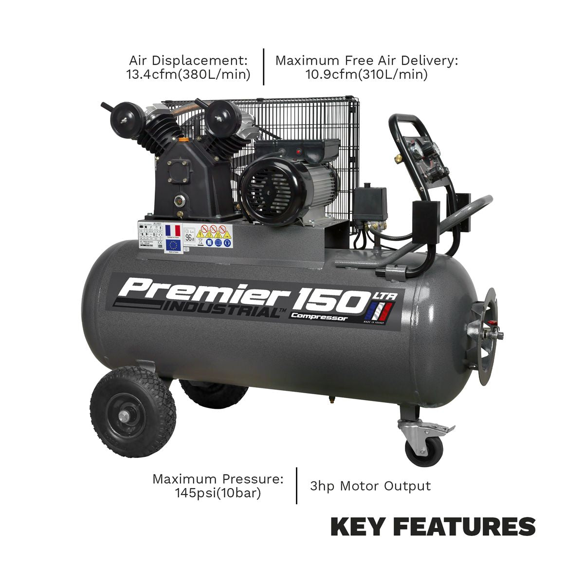 Sealey Premier 150L Belt Drive Air Compressor with Front Control Panel 3hp - Image 5