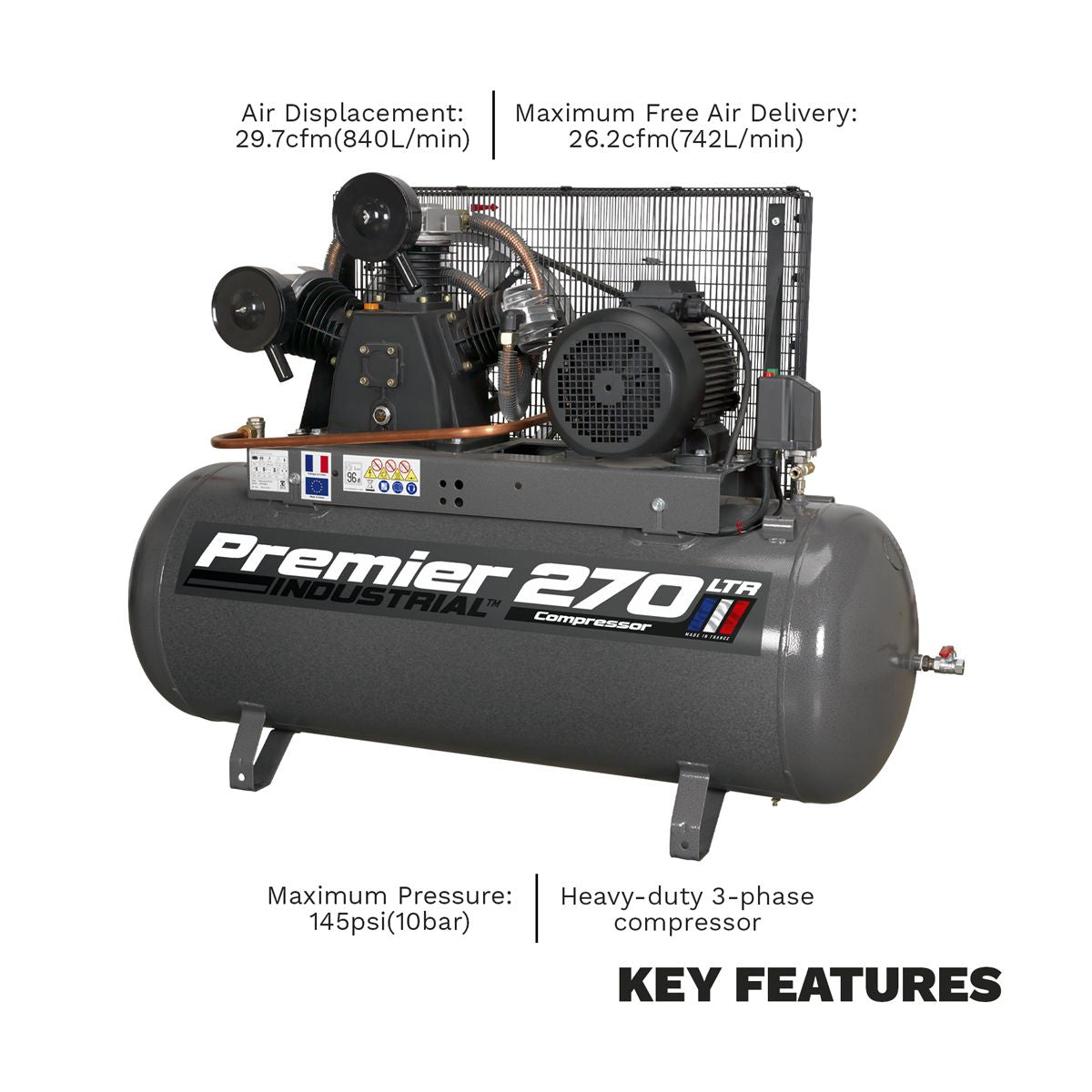 Sealey Premier 270L Belt Drive Air Compressor 7.5hp 3ph - Image 10