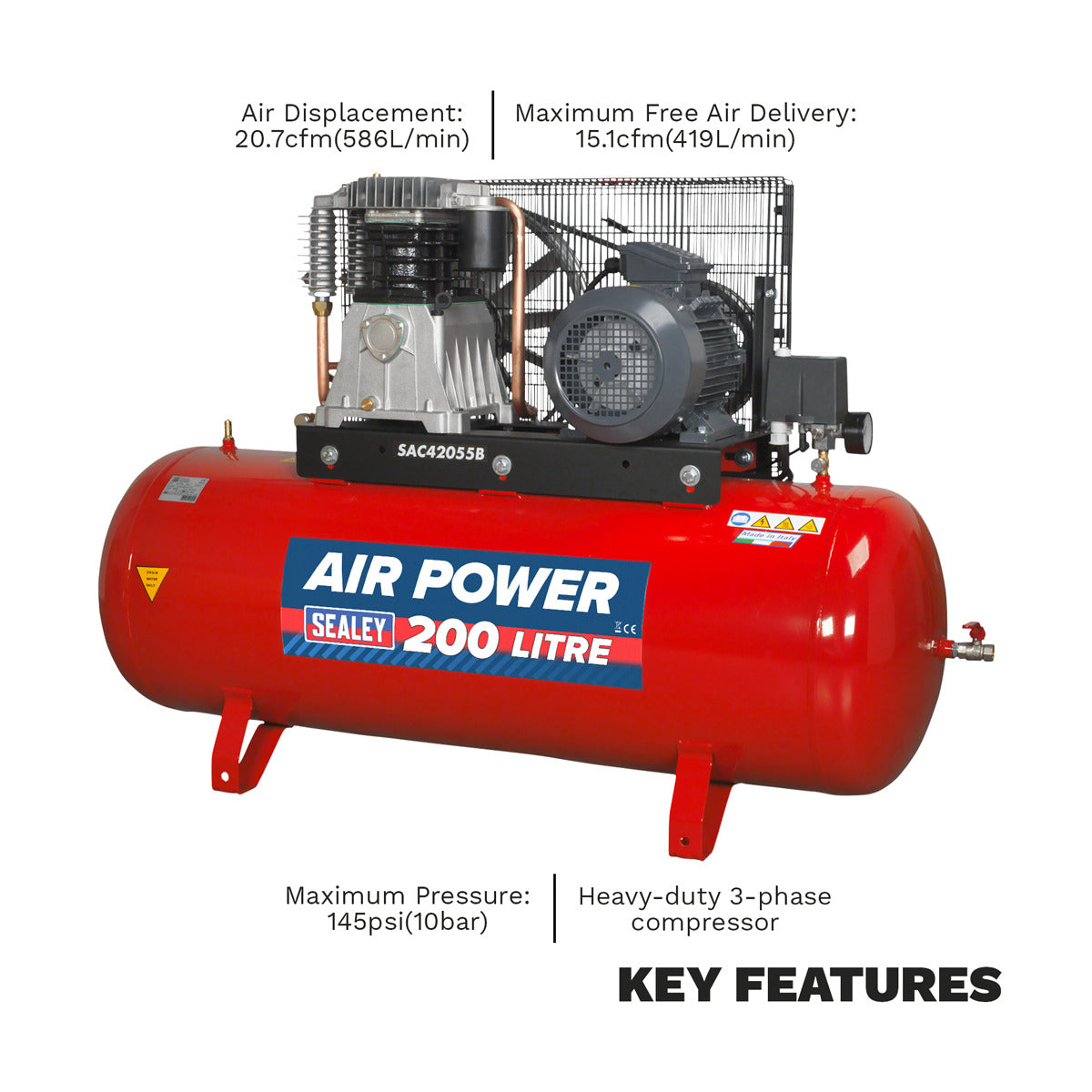 Sealey 200L Belt Drive Air Compressor with Cast Cylinders 5.5hp 2-Stage SAC42055B