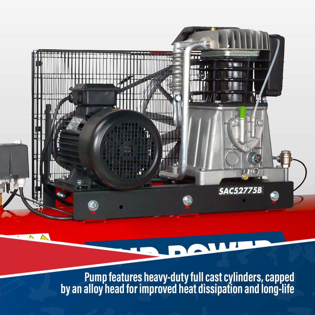 Sealey 270L Belt Drive Air Compressor with Cast Cylinders 7.5hp 3ph 2-Stage - Image 4