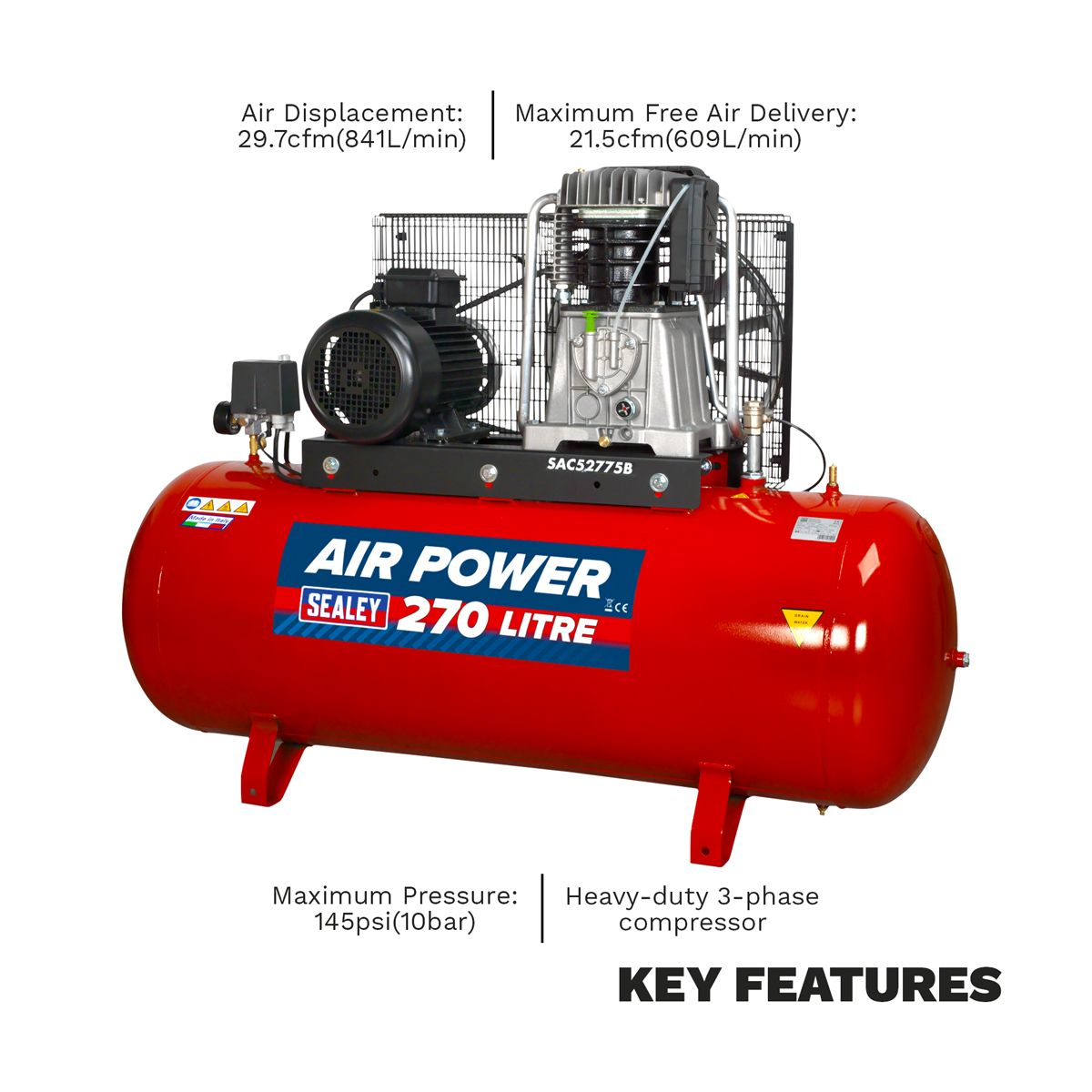 Sealey 270L Belt Drive Air Compressor with Cast Cylinders 7.5hp 3ph 2-Stage - Image 6
