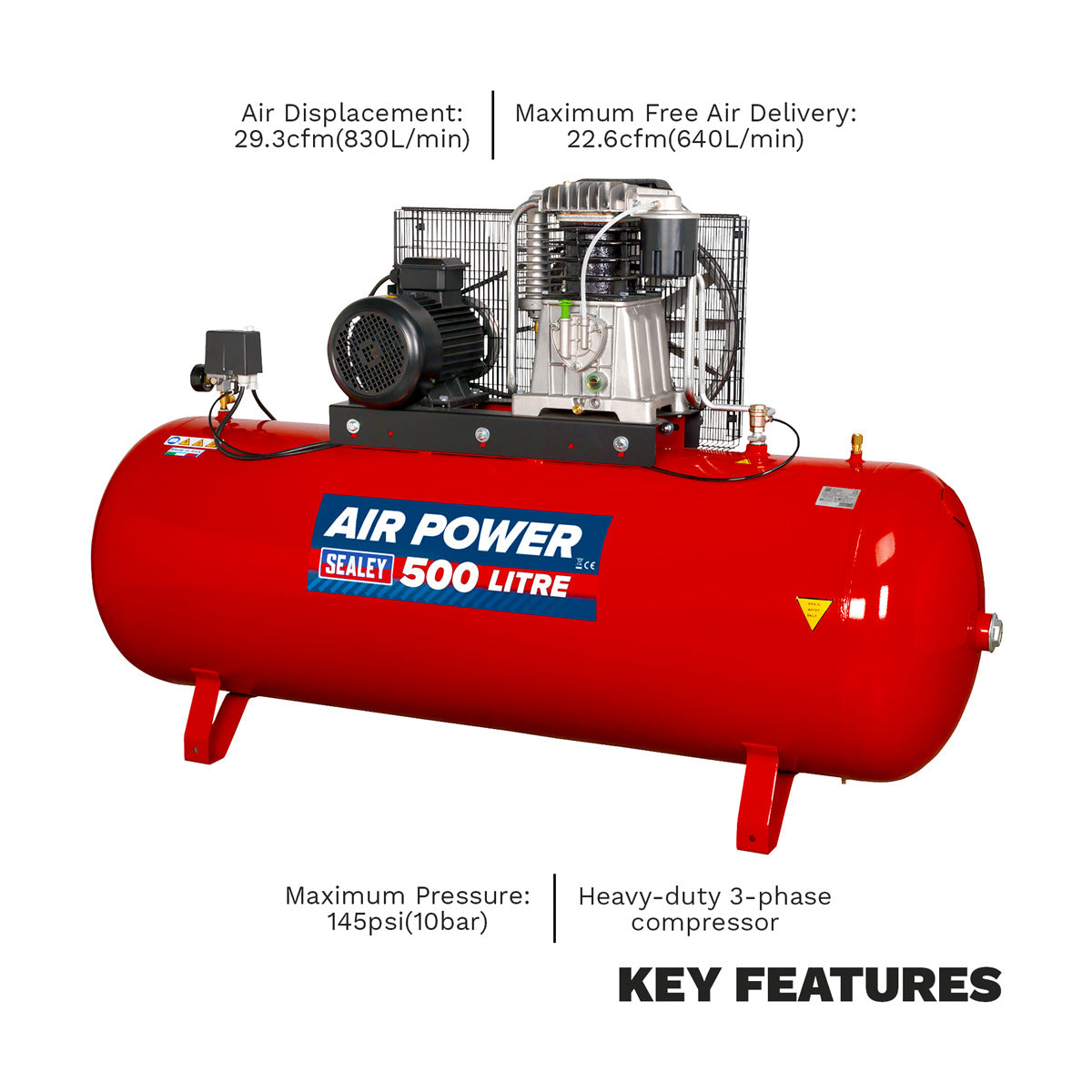 Sealey 500L Belt Drive Air Compressor with Cast Cylinders 7.5hp 2-Stage SAC55075B