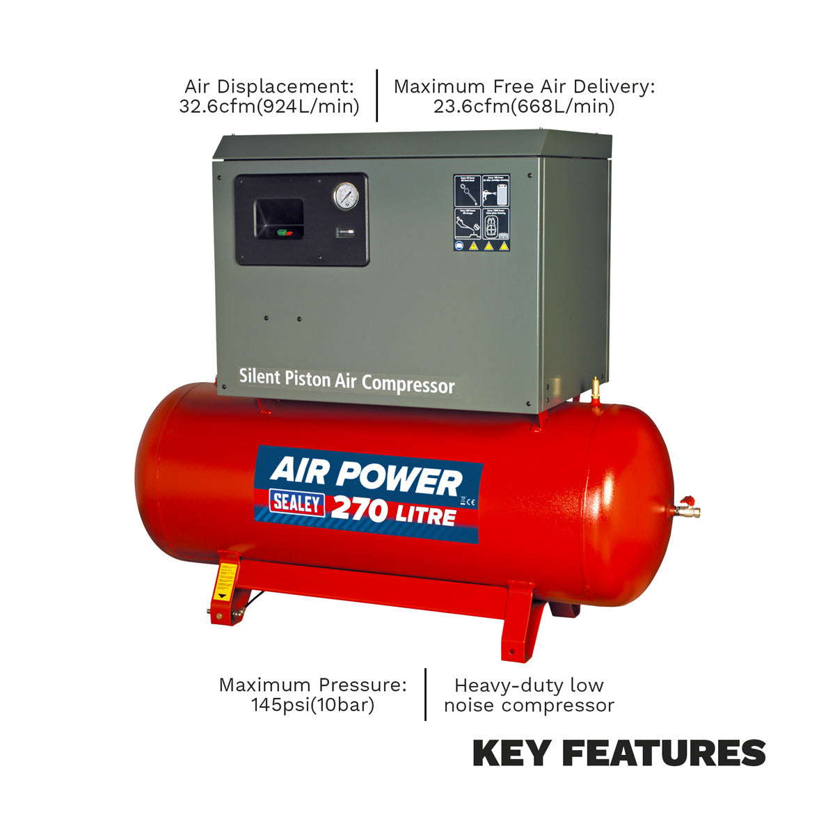 Sealey 270L Low Noise Belt Drive Air Compressor with Cast Cylinders 7.5hp 2-Stage SAC72775BLN