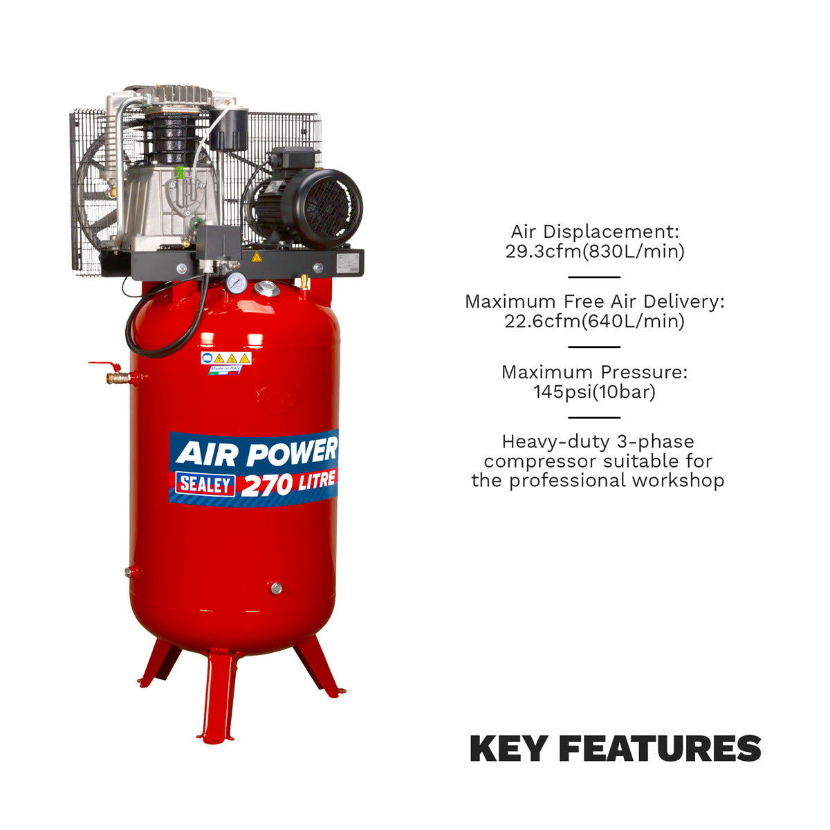 Sealey 270L Vertical Belt Drive Air Compressor with Cast Cylinders 7.5hp 2-Stage SACV52775B