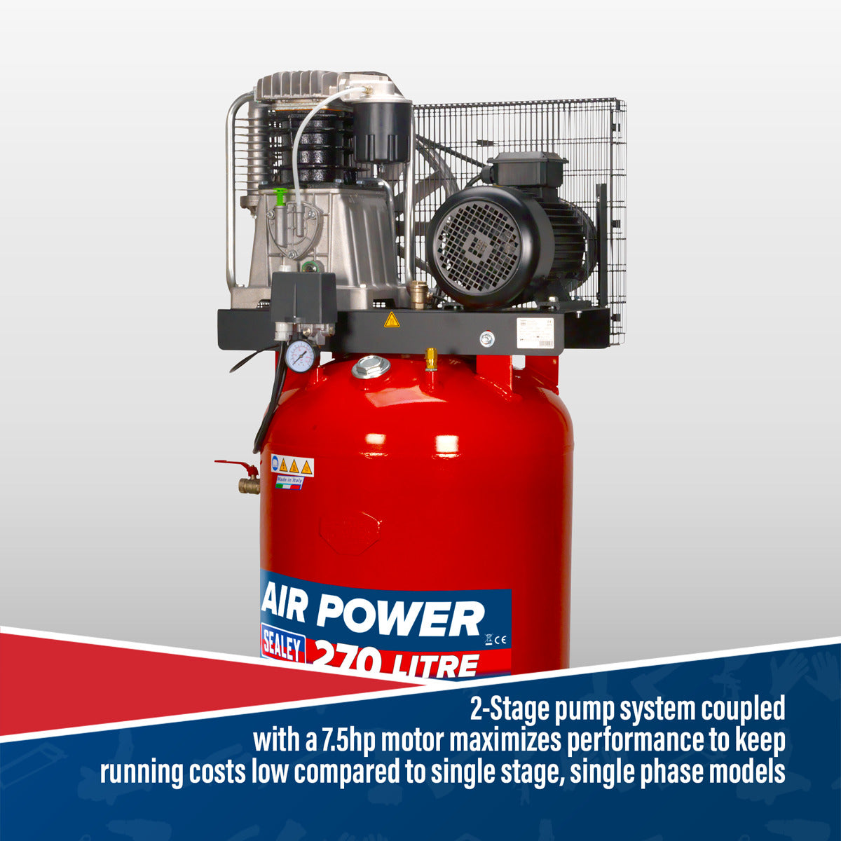Sealey 270L Vertical Belt Drive Air Compressor with Cast Cylinders 7.5hp 2-Stage SACV52775B