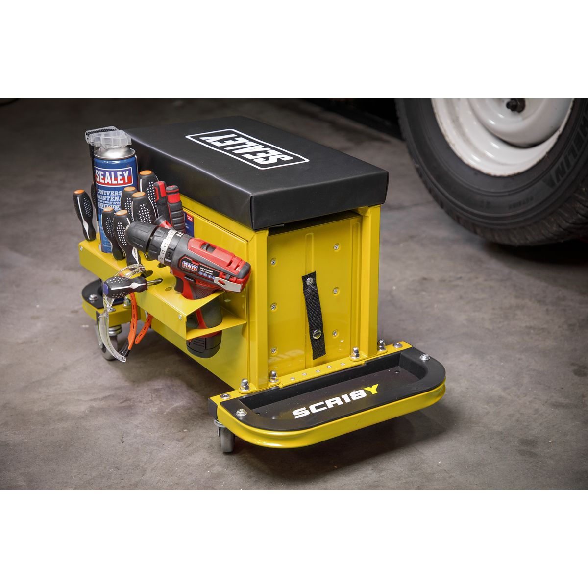 Sealey Mechanic's Utility Seat & Toolbox - Yellow - Image 10