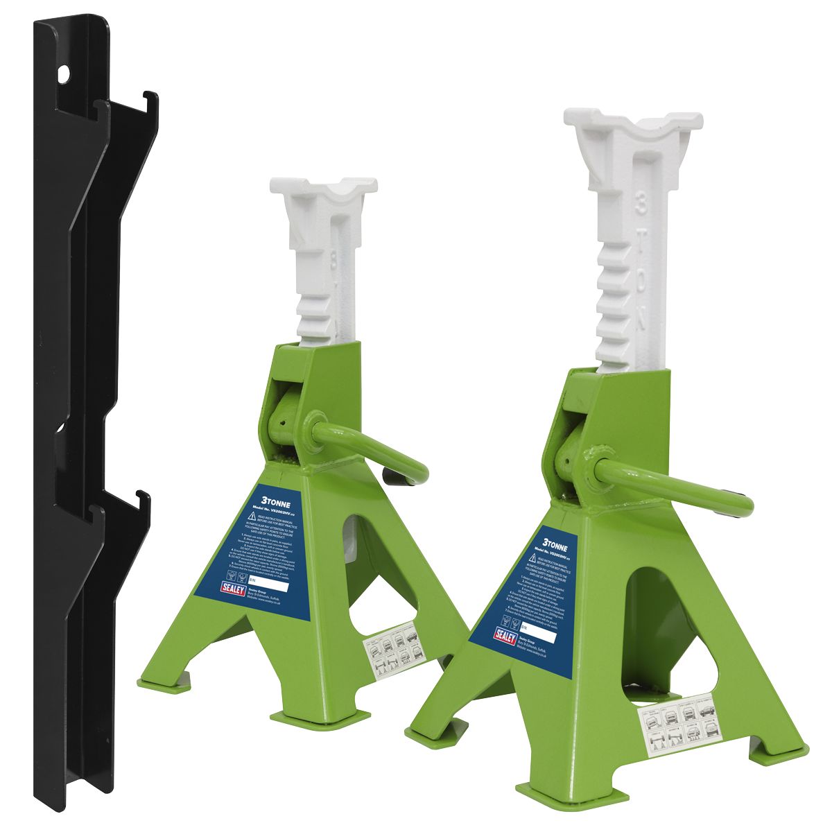 Sealey Axle Stand & Axle Stand Storage Rack Combo 3 Tonne - Hi-Vis Green - Image 2
