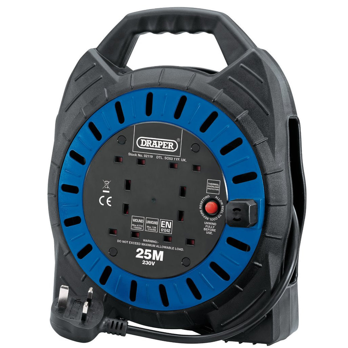 Draper 230V Four Socket Cable Reel, 25m 02119