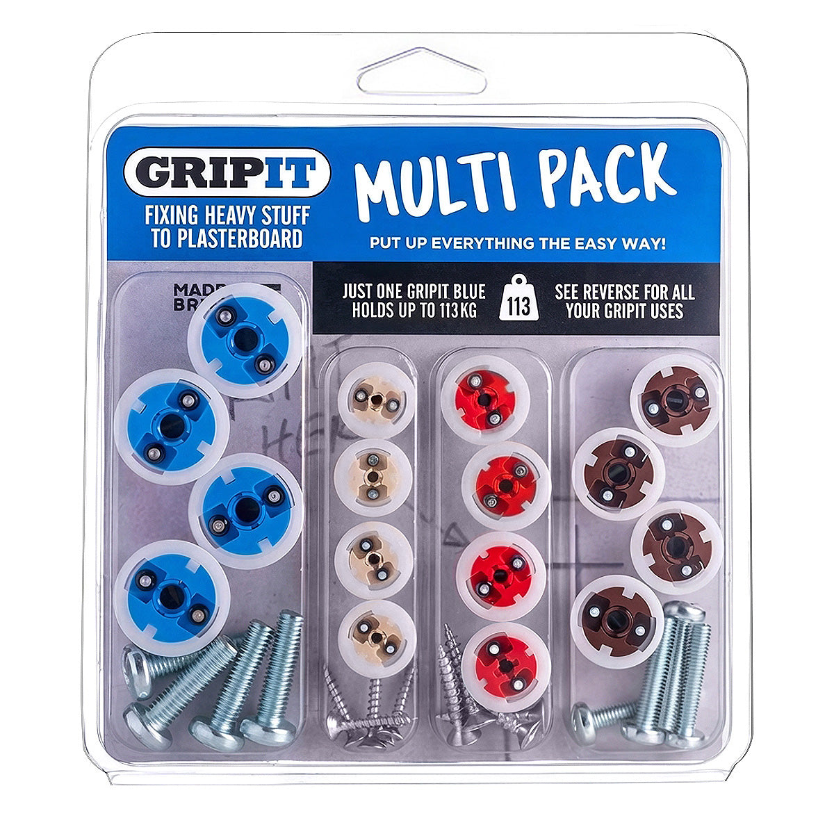 GRIPIT Plasterboard Fixings Multi Pack 16 Piece Clam Pack GRPMULTIPK