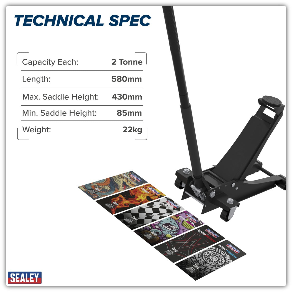 Sealey Low Profile Custom Design Trolley Jack with Rocket Lift 2 Tonne - Black 2000CB