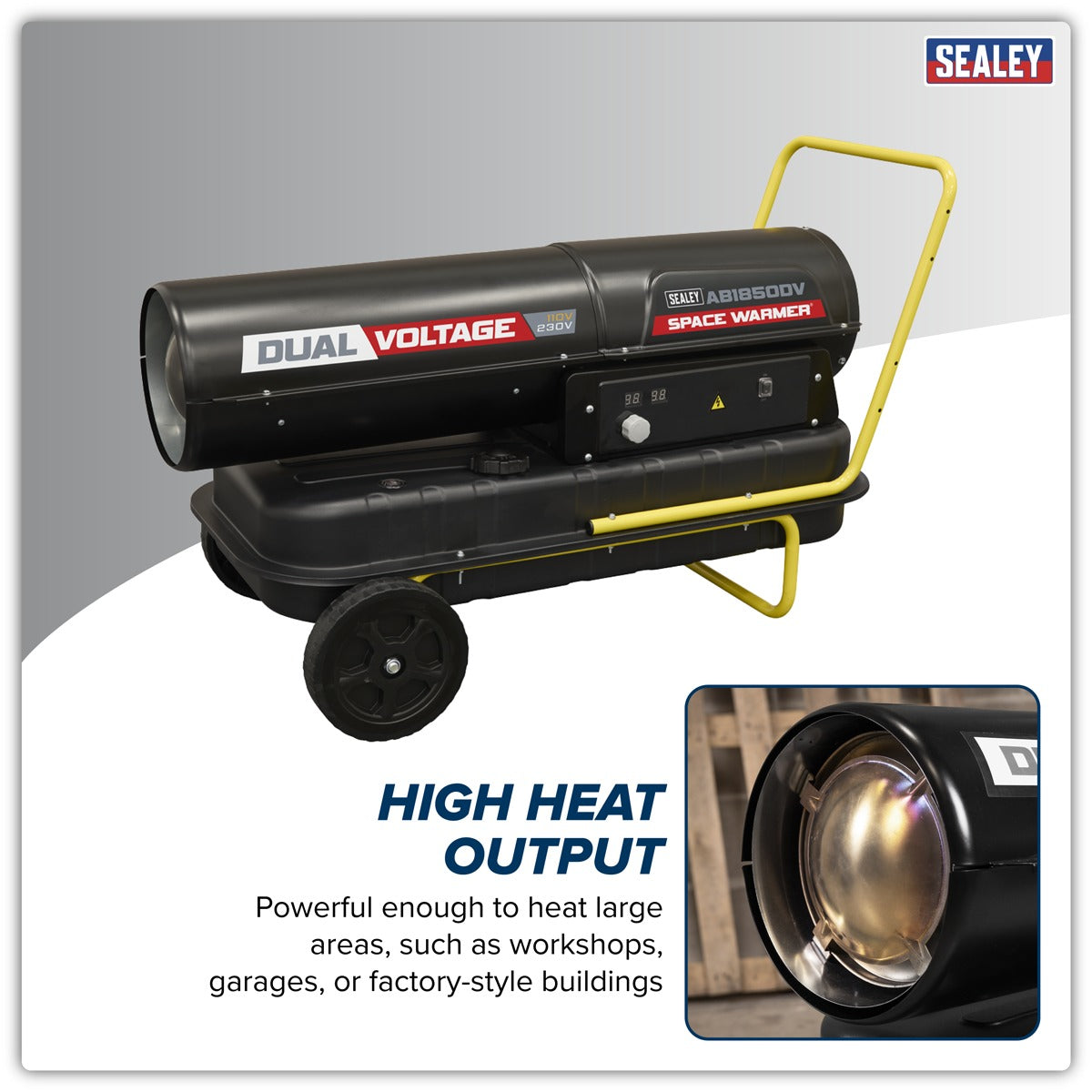 Sealey Dual Voltage Space Warmer Kerosene/Diesel Heater with Wheels 185,000Btu/hr(55kW) AB1850DV
