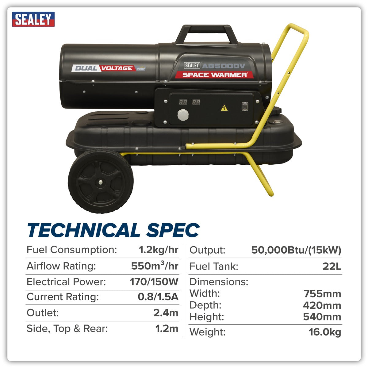 Sealey Dual Voltage Kerosene/Diesel Space Warmer Heater with Wheels 50,000Btu/hr AB500DV