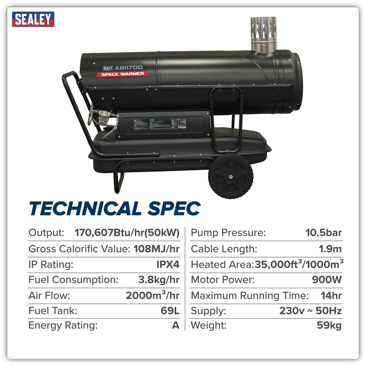 Sealey Space Warmer Indirect Kerosene/Diesel Heater with Wheels 170,000Btu/hr ABI1700