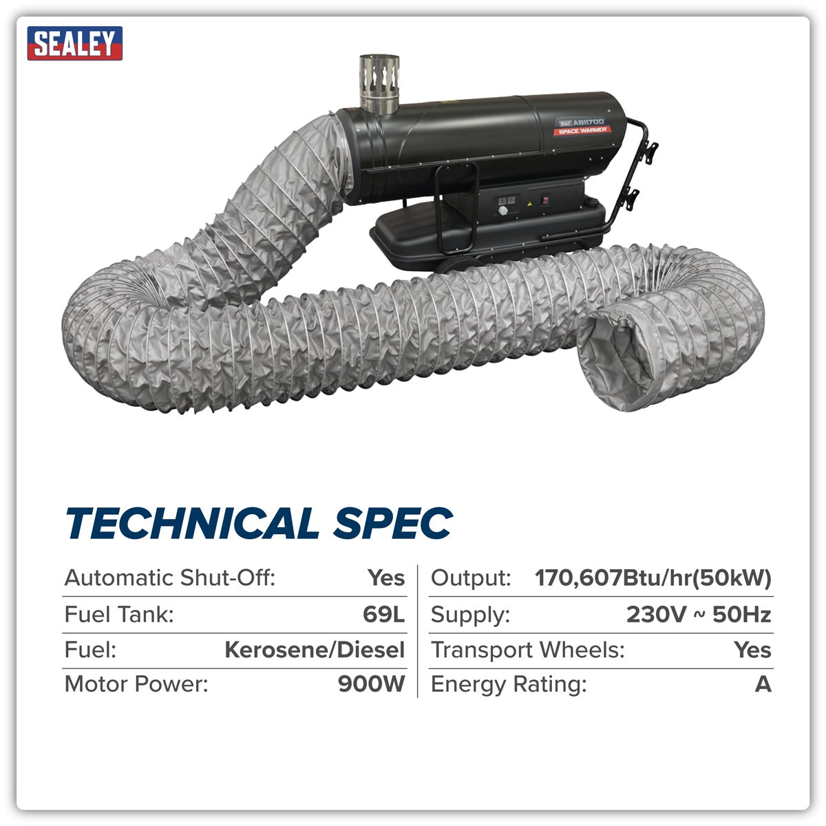 Sealey Space Warmer Indirect Kerosene/Diesel Heater 170,000Btu/hr with 5M Ducting ABI1700COMBO