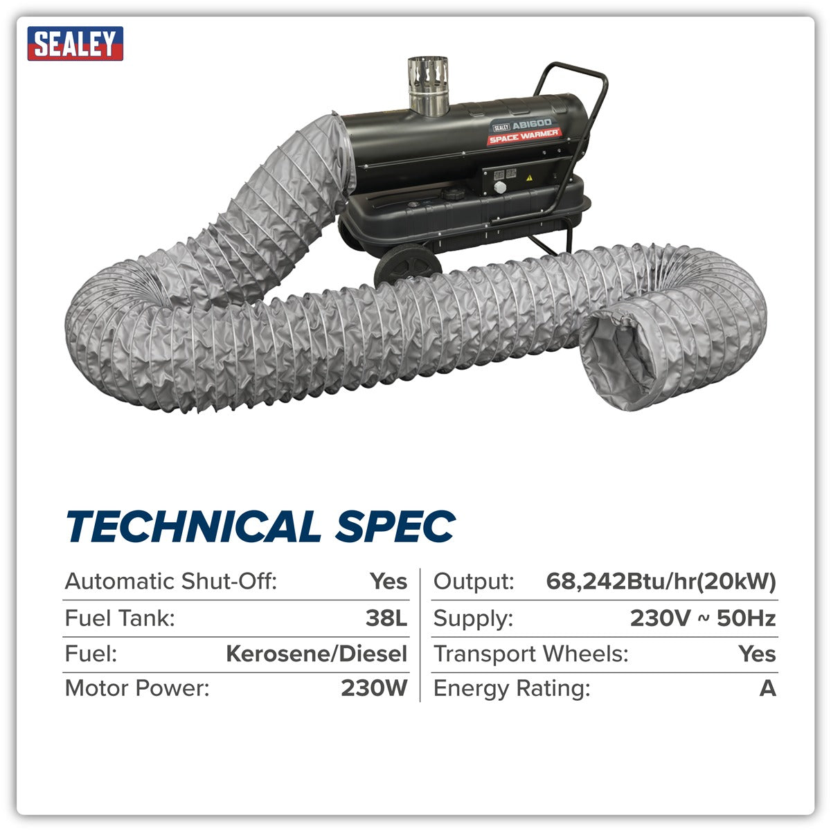 Sealey Space Warmer Indirect Kerosene/Diesel Heater 68,000Btu/hr with 5M Ducting ABI600COMBO