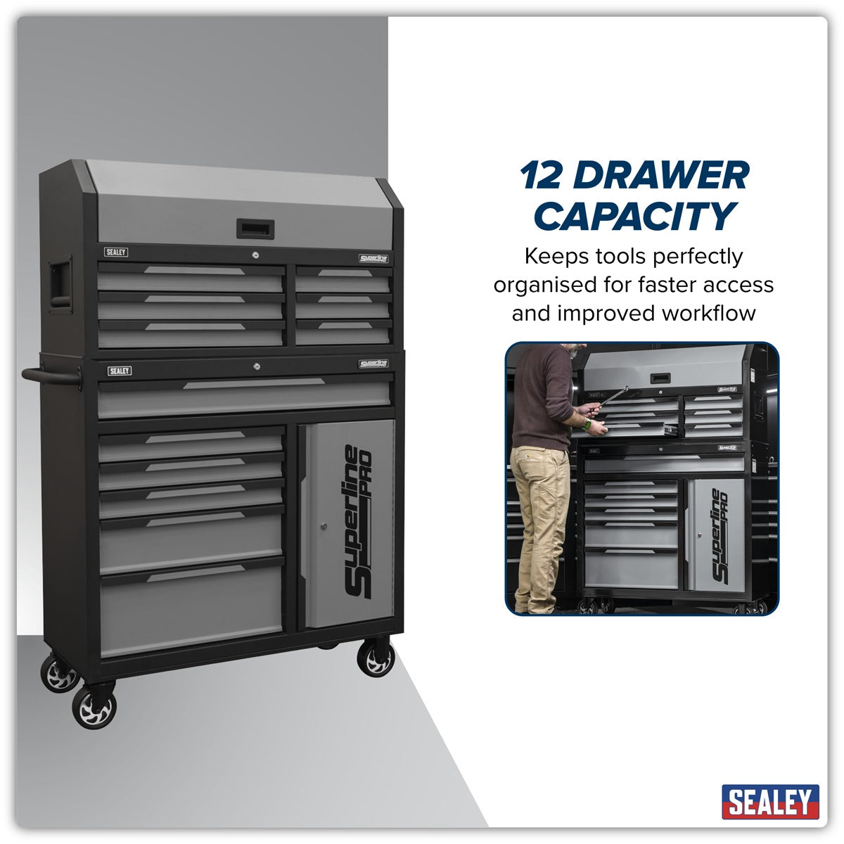 Sealey Superline Pro Topchest & Rollcab Combination 12 Drawer & 1 Door Cupboard - Grey AP1080GR