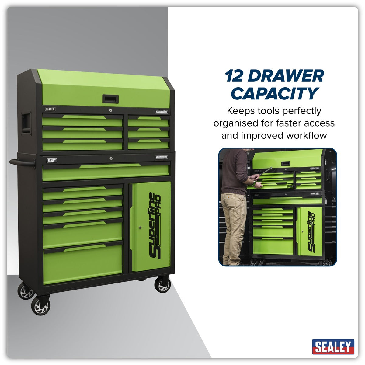 Sealey Superline Pro Topchest & Rollcab Combination 12 Drawer & 1 Door Cupboard - Green AP1080HVG