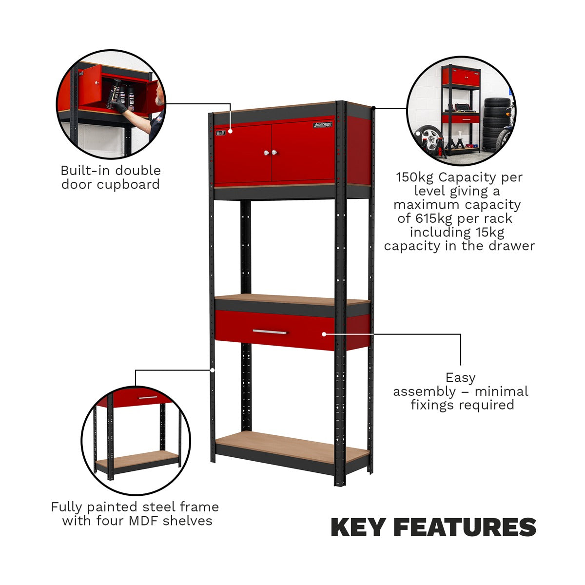 Sealey Shelving Unit 4-Tier with Cupboard & Drawer AP830R