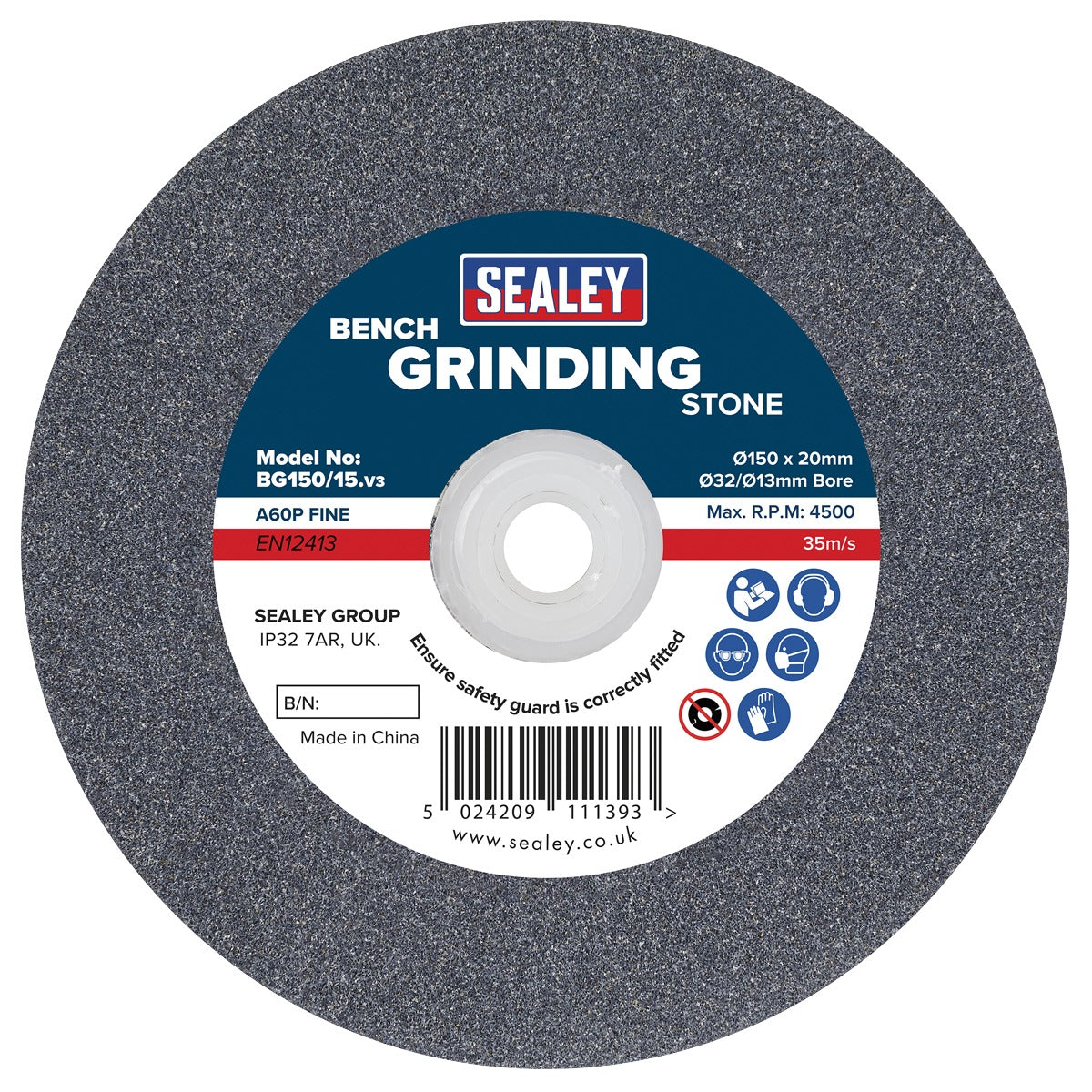Sealey 150 x 20mm Grinding Stone 32(13)mm Bore - A60P Fine BG150/15
