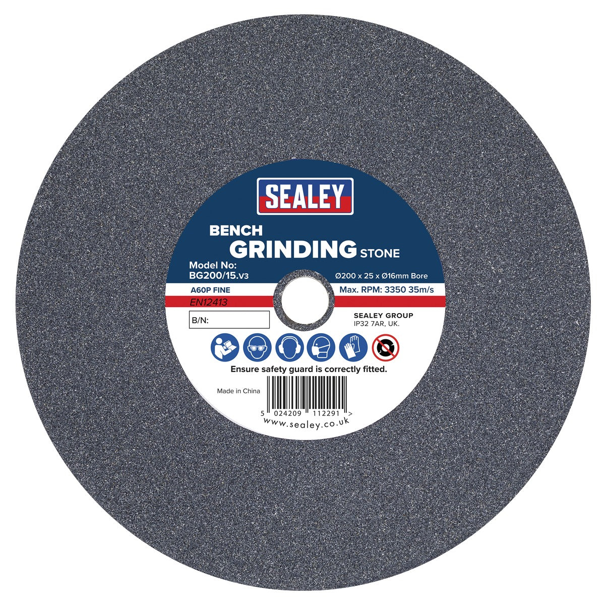 Sealey 200 x 25mm Grinding Stone 16mm Bore - A60P Fine BG200/15