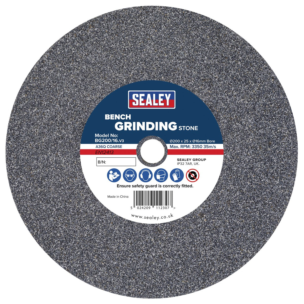 Sealey 200 x 25mm Grinding Stone 16mm Bore - A36Q Coarse BG200/16