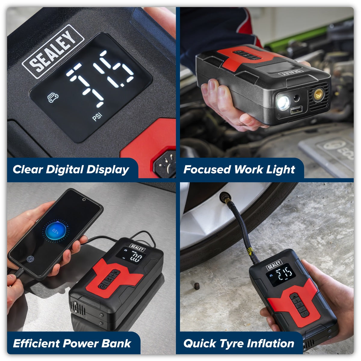 Sealey Rechargeable Tyre Inflator & Power Bank with Worklight 12V CTI140