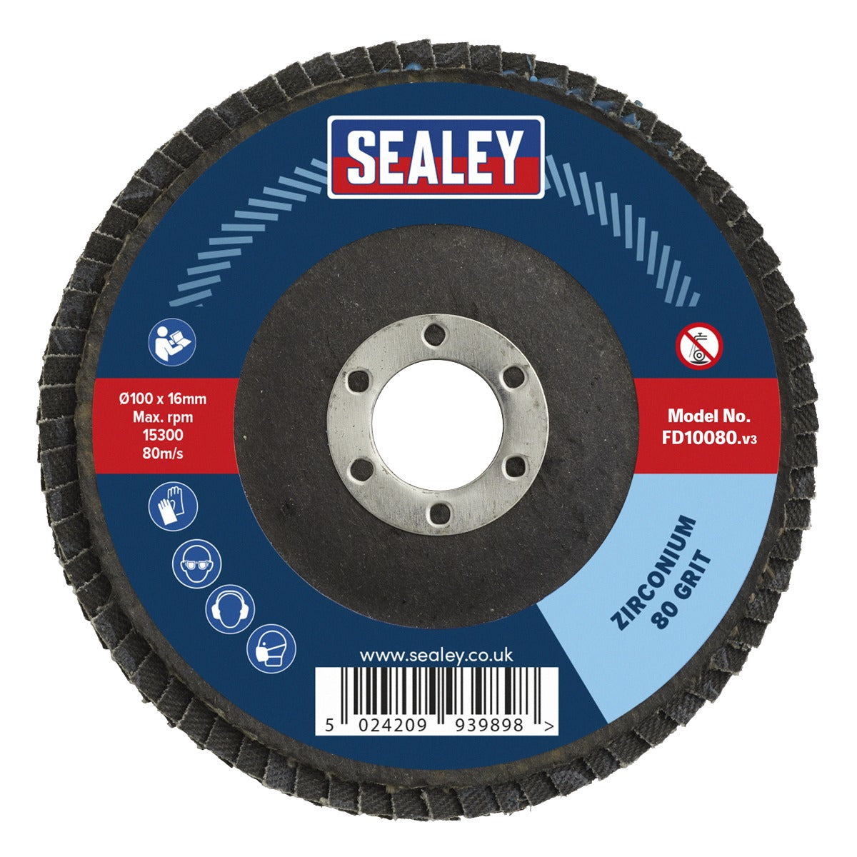 Sealey 100mm Zirconium Flap Disc 80Grit 16mm Bore FD10080