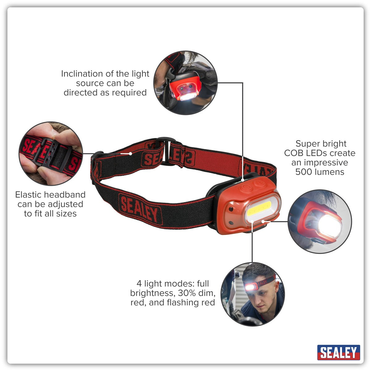 Sealey Rechargeable Head Torch with Auto-Sensor 8W COB LED - Red HT08RR