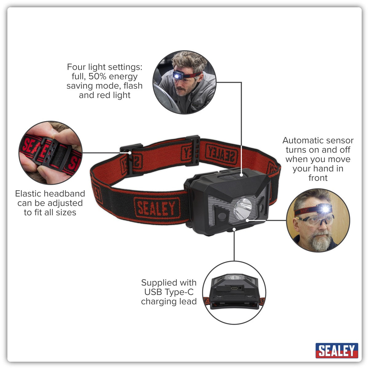 Sealey Rechargeable Head Torch with Auto-Sensor 3W SMD LED HT102R