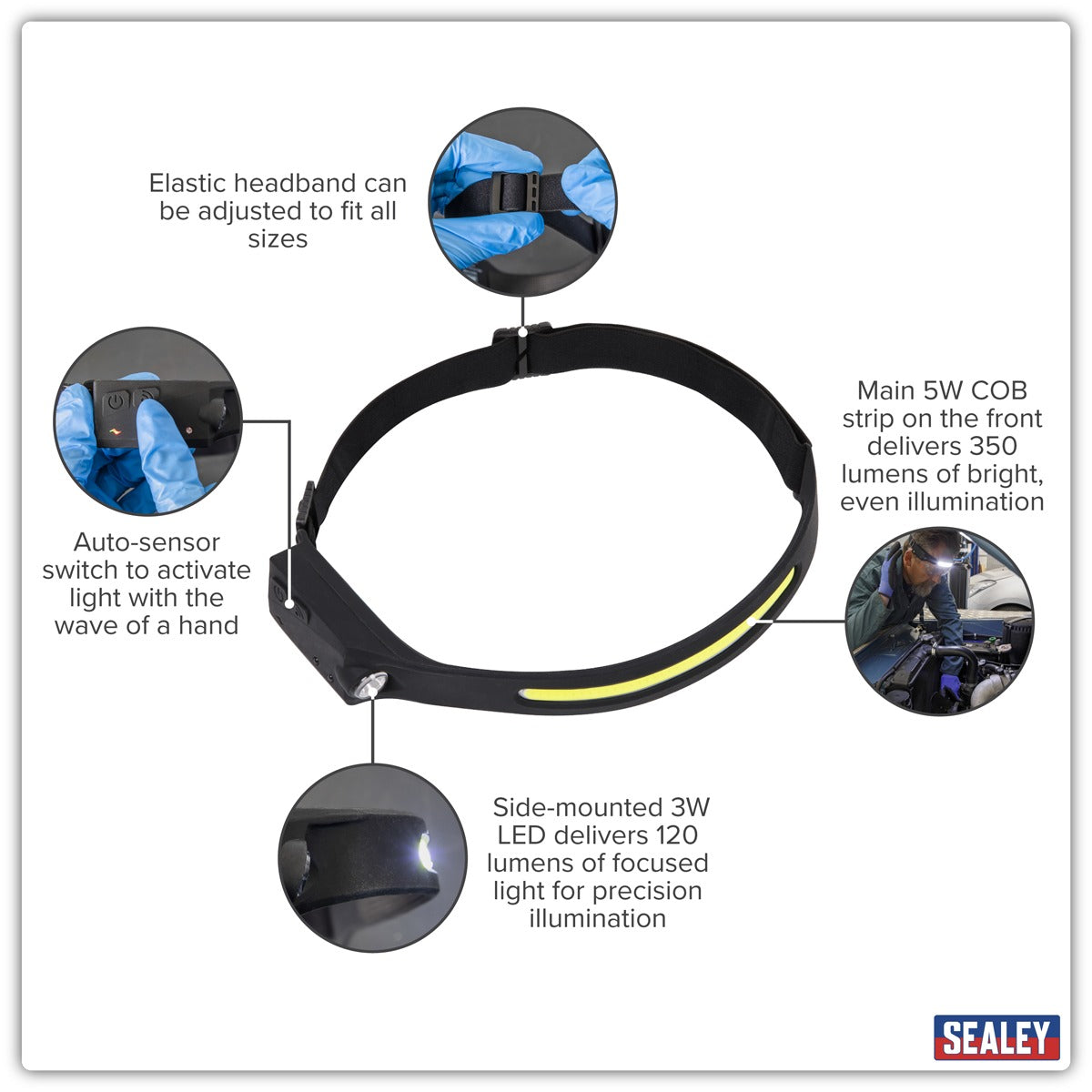 Sealey Rechargeable Head Torch with Auto-Sensor 5W COB & 3W LED HT104R