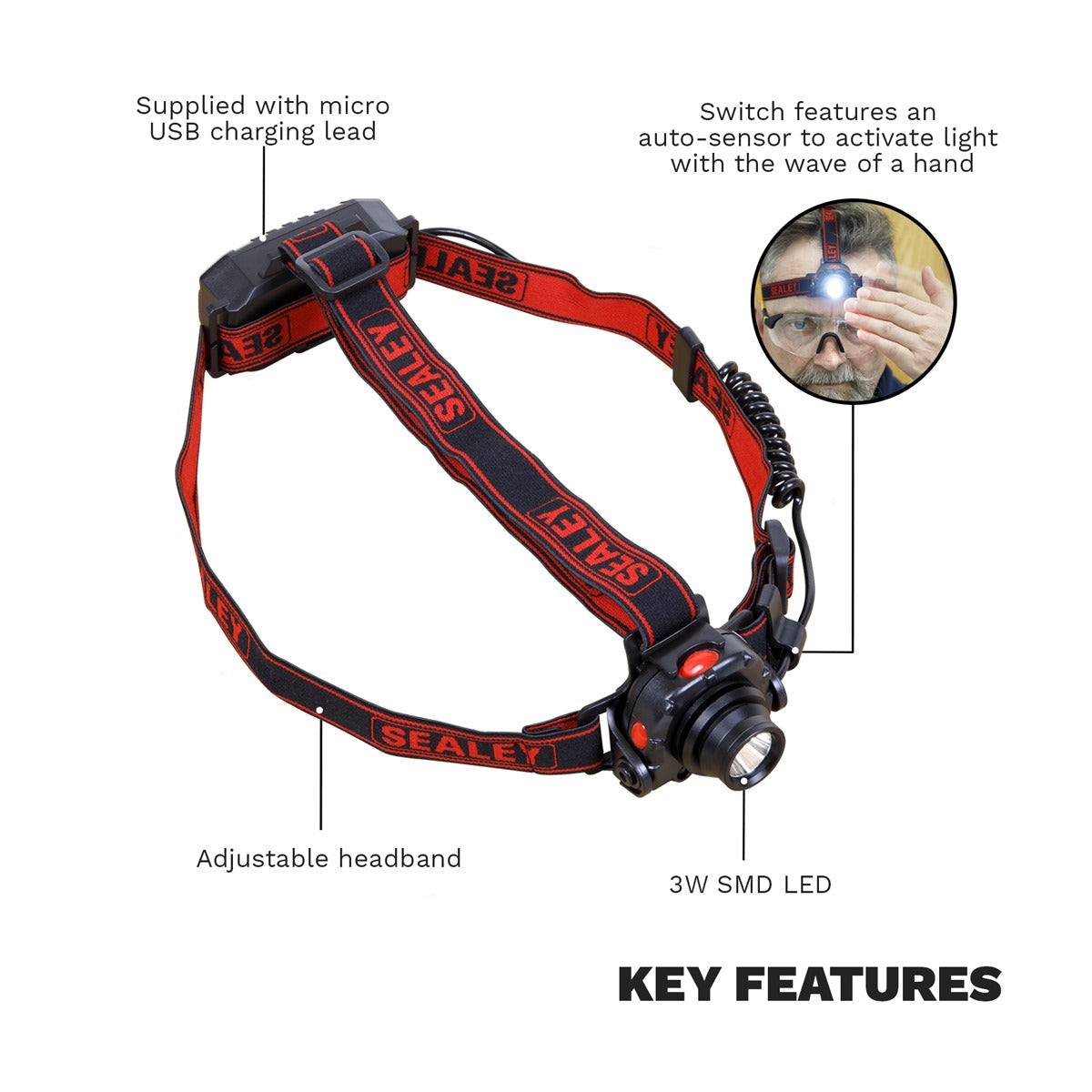 Sealey Head & Hat Torch with Auto-Sensor 3W SMD LED HT106LED