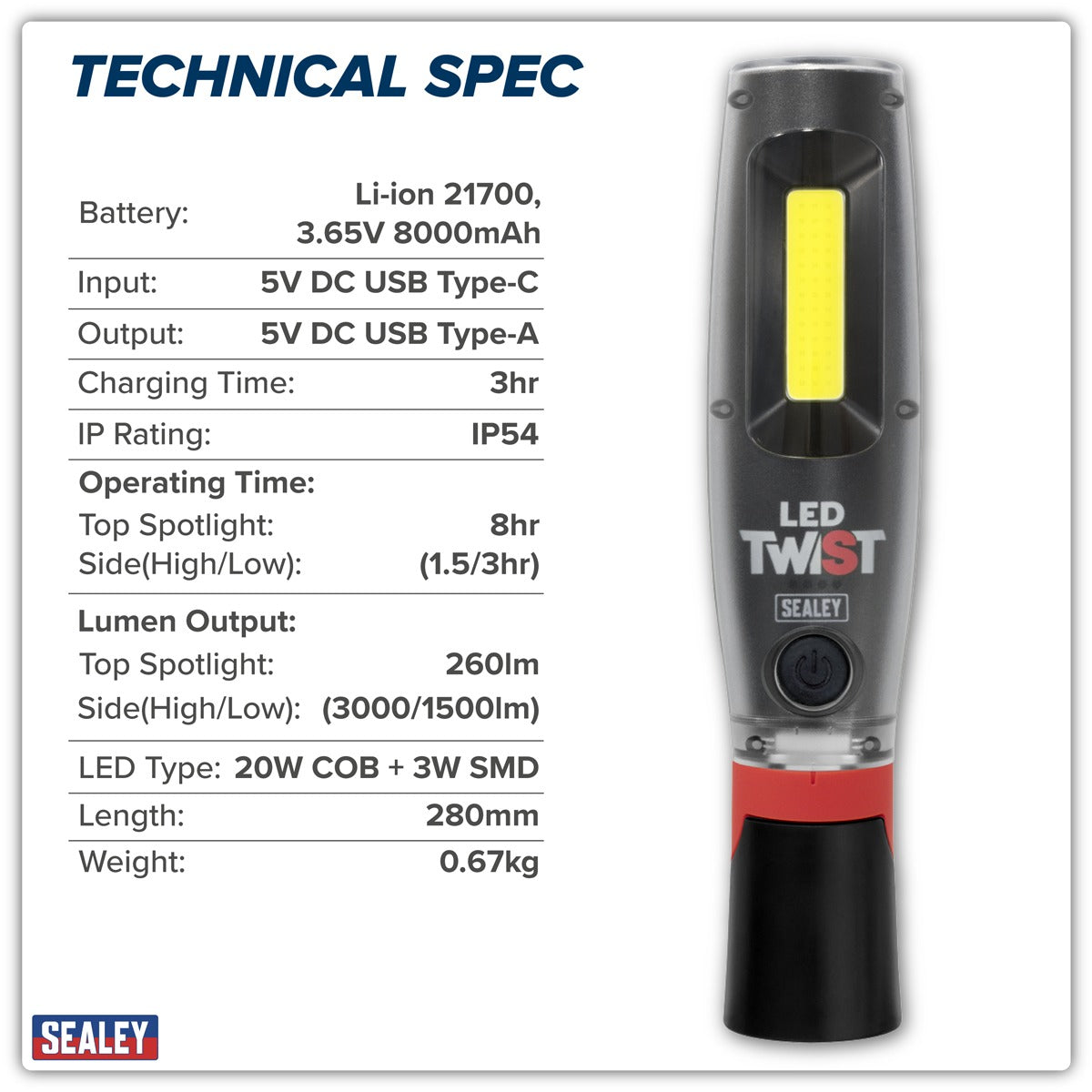 Sealey Rechargeable LED Twist Inspection Light 20W COB & 3W SMD, 3000lm, Magnetic Base & Power Bank LED3001