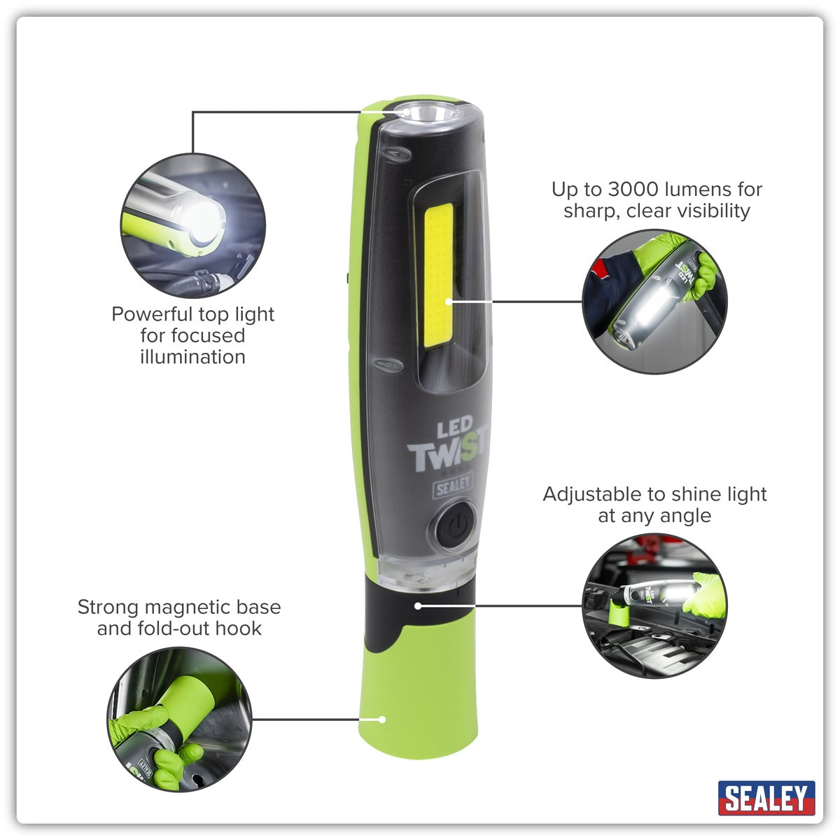 Sealey Rechargeable LED Twist Inspection Light 20W COB + 3W SMD, 3000lm, Magnetic Base & Power Bank LED3001G