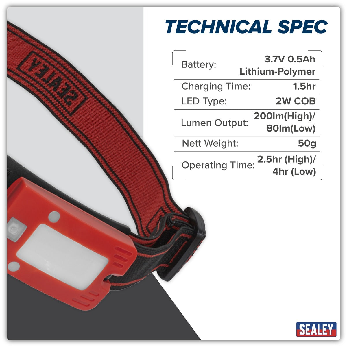 Sealey Rechargeable Head Torch with Auto-Sensor 2W COB LED - Red LED360HTR
