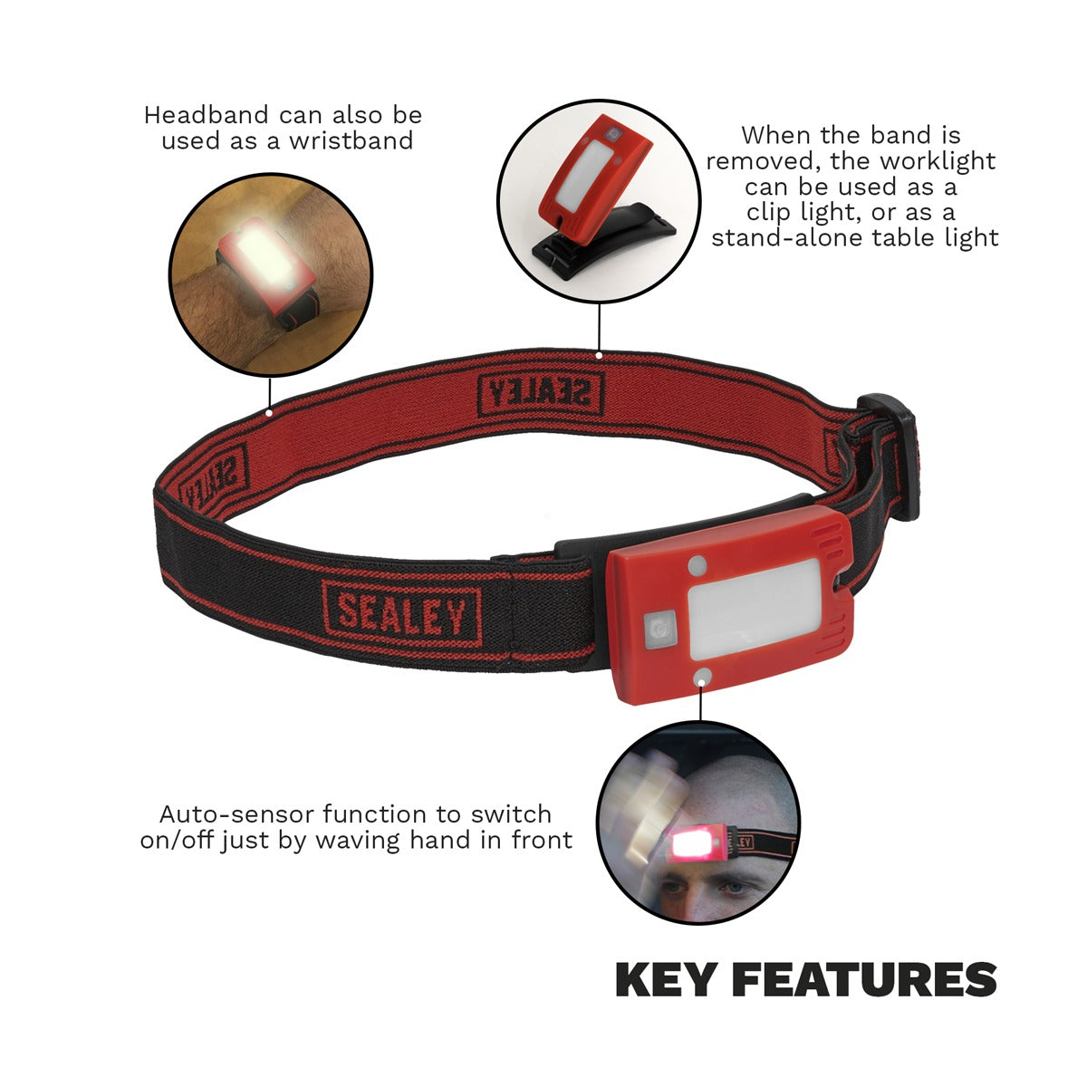 Sealey Rechargeable Head Torch with Auto-Sensor 2W COB LED - Red LED360HTR
