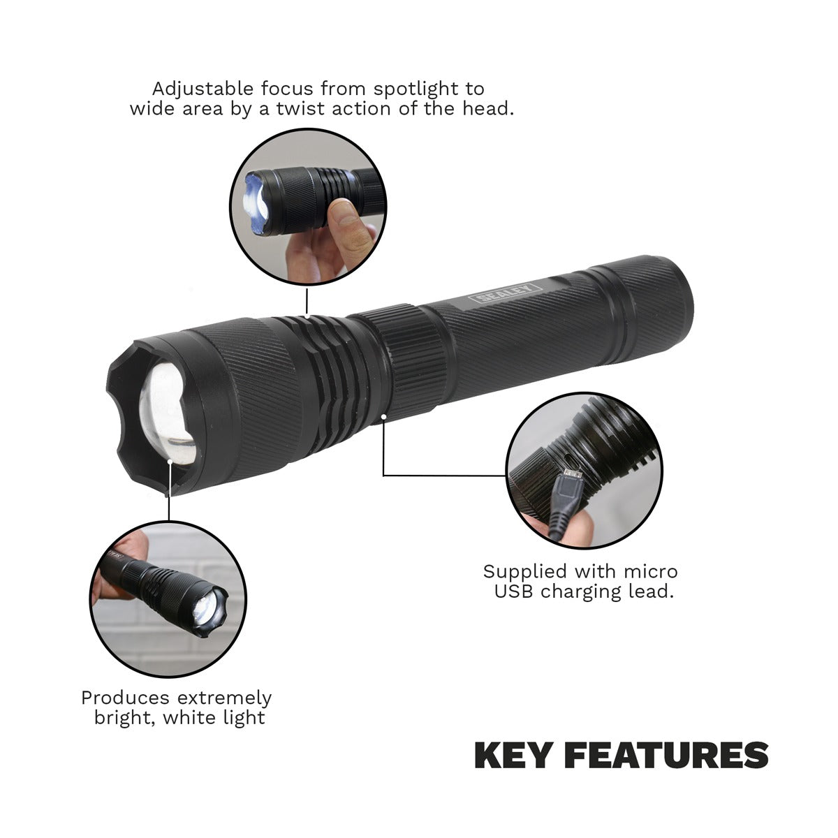 Sealey Rechargeable Aluminium Torch with Adjustable Focus 10W SMD LED LED449