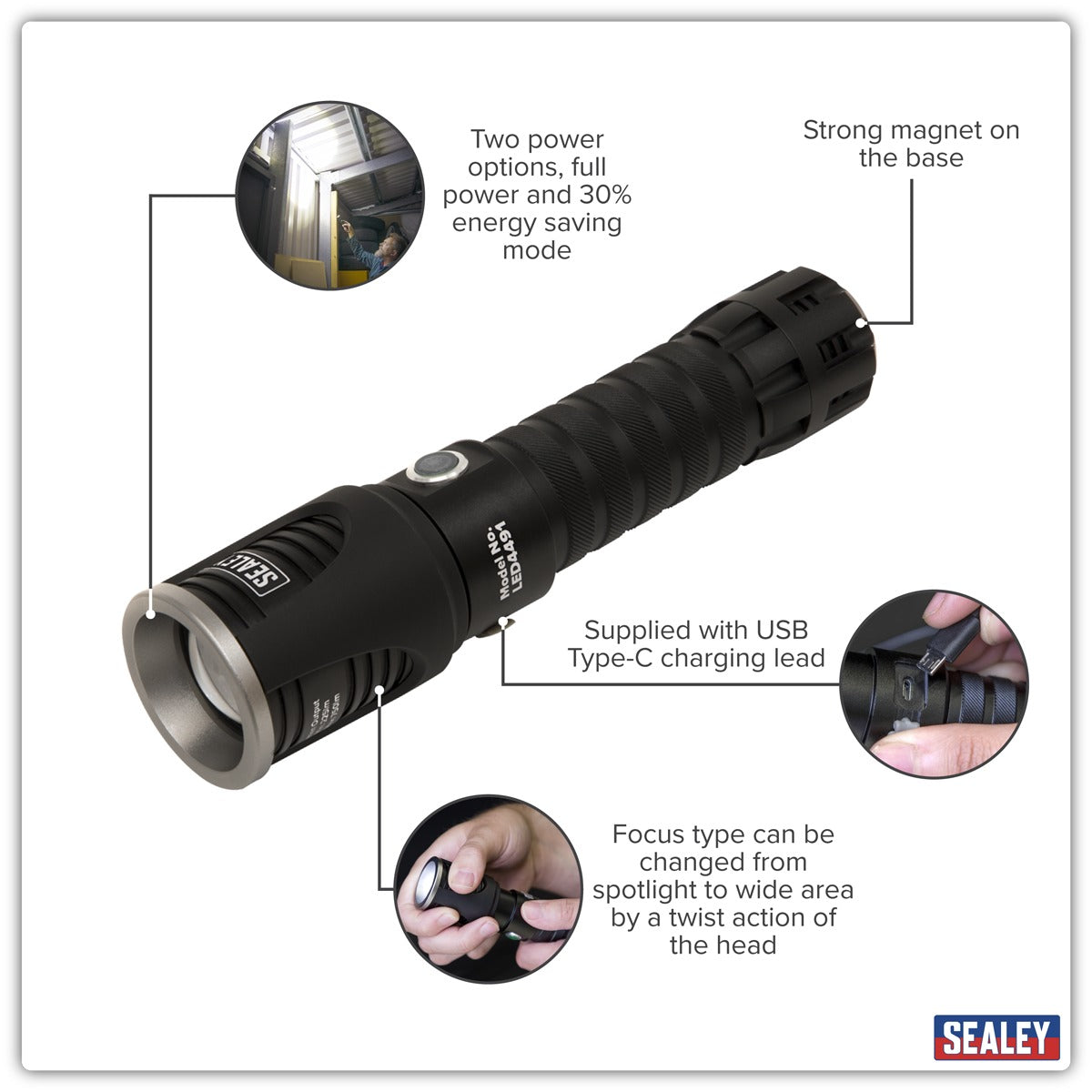 Sealey Rechargeable Aluminium Torch with Adjustable Focus 5W SMD LED LED4491