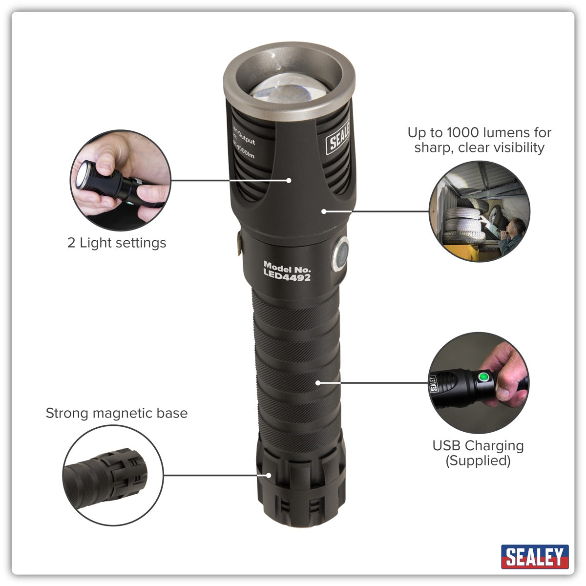 Sealey Rechargeable Aluminium Torch with Adjustable Focus 10W SMD LED LED4492