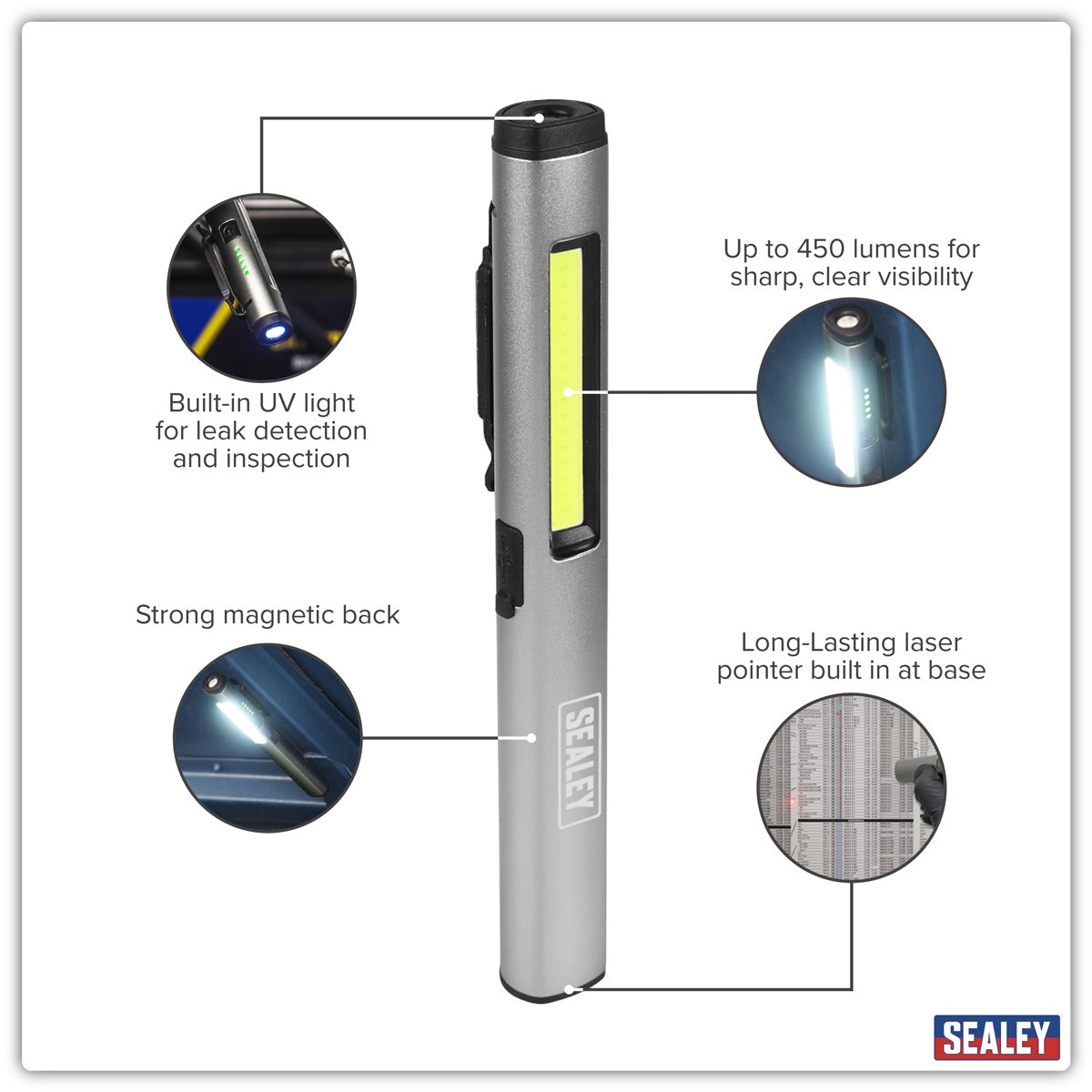 Sealey Rechargeable UV Penlight Torch with Laser Pointer 5W COB & 3W SMD LED LED450UV