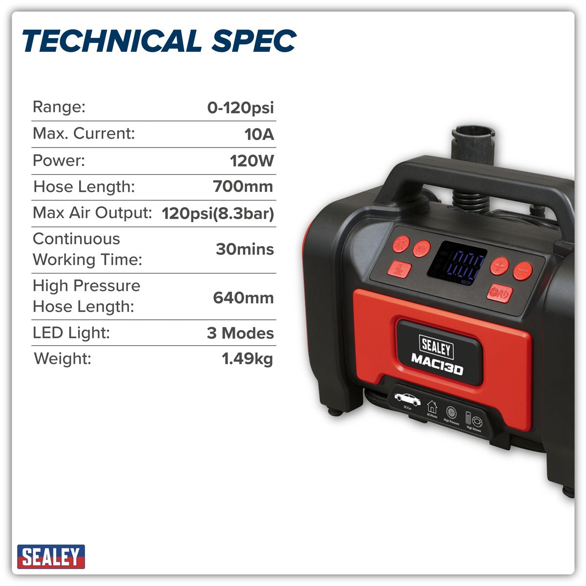 Sealey Tyre Inflator & High-Volume Air Pump 12V/230V AC MAC13D