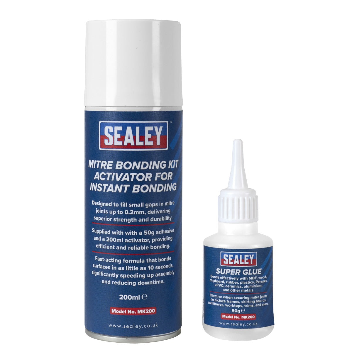 Sealey Mitre Bonding Kit with Super Glue 50g & Activator 200ml for Instant Bonding MK200