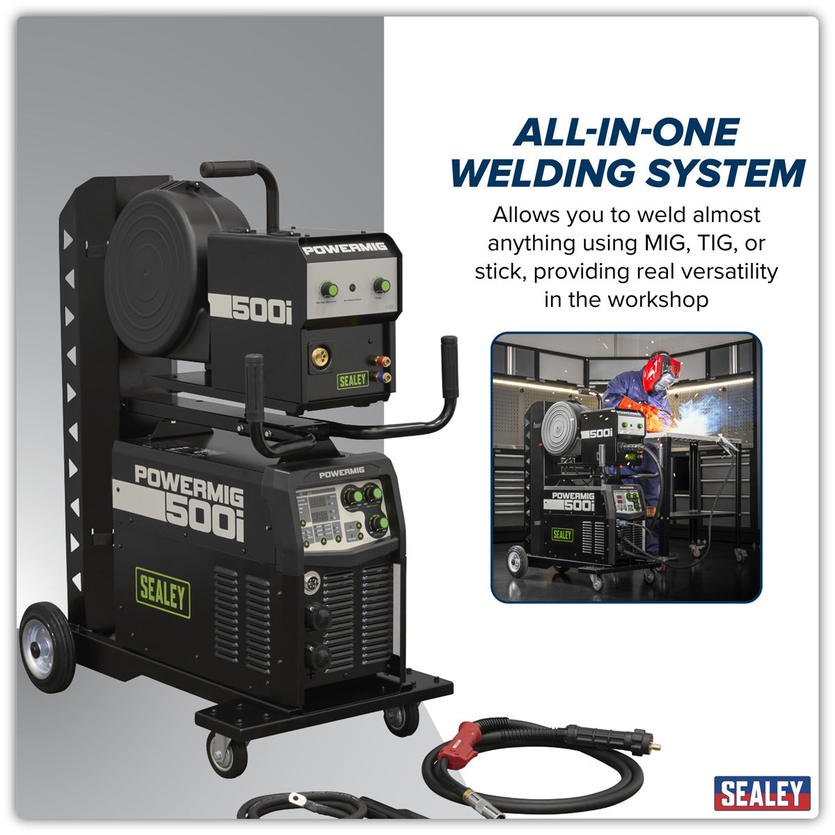 Sealey 500A Professional Gas/Gasless MIG/TIG/MMA Inverter Welder With Portable Wire Feeder 400V/3ph POWERMIG500i