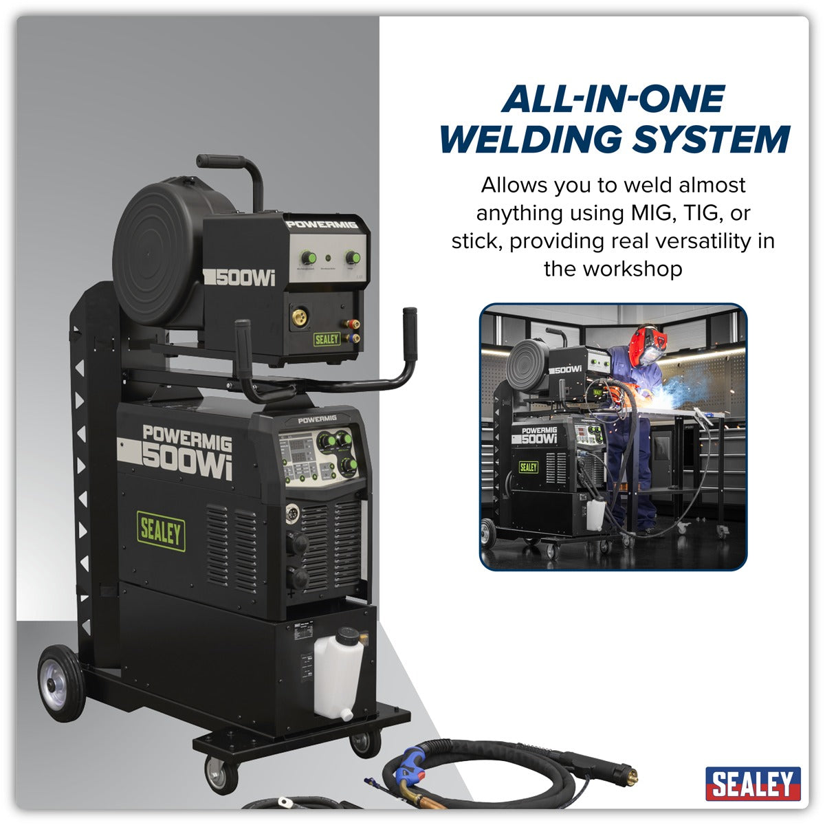 Sealey 500A Professional Gas/Gasless MIG/TIG/MMA Inverter Welder with Portable Wire Feeder & Water Cooler 400V 3ph POWERMIG500Wi