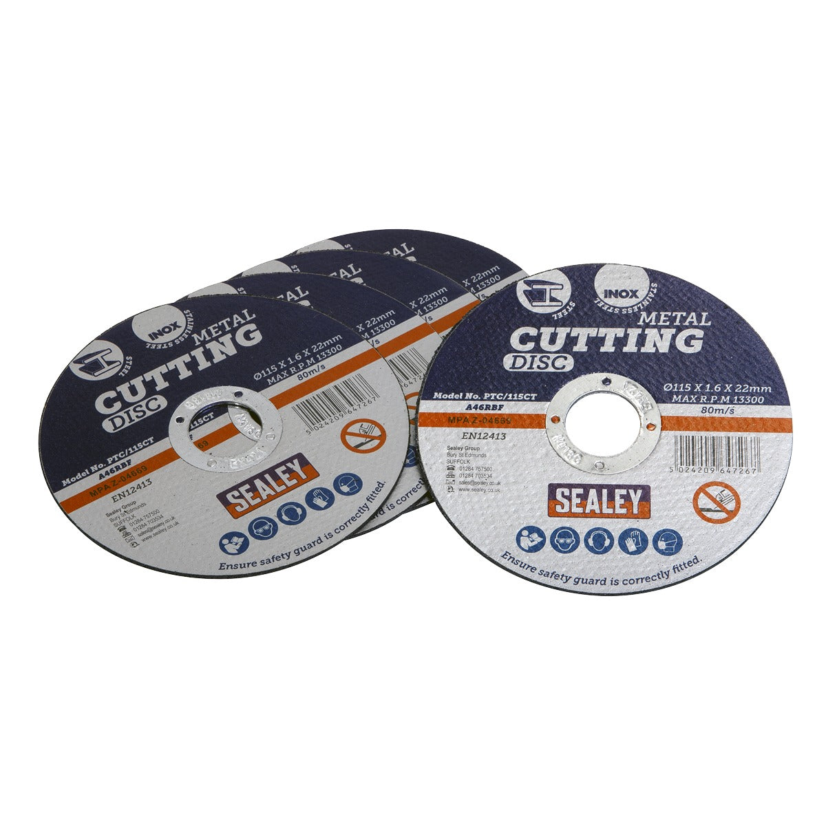 Sealey 115 x 1.6mm Cutting Disc 22mm Bore - Pack of 5 PTC/115CT5